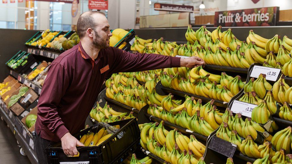 Sainsbury's employee stacking bananas