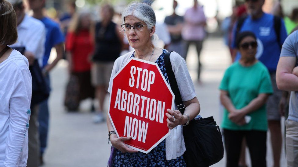 Anti-abortion demonstrators gather for a rally in Federal Building Plaza on June 24, 2023 in Chicago, Illinois