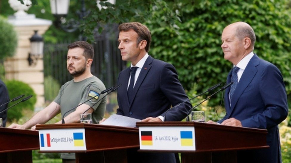 Ukrainian President Volodymyr Zelensky, French President Emmanuel Macron and German Chancellor Olaf Scholz in Kyiv, 16 June 2022