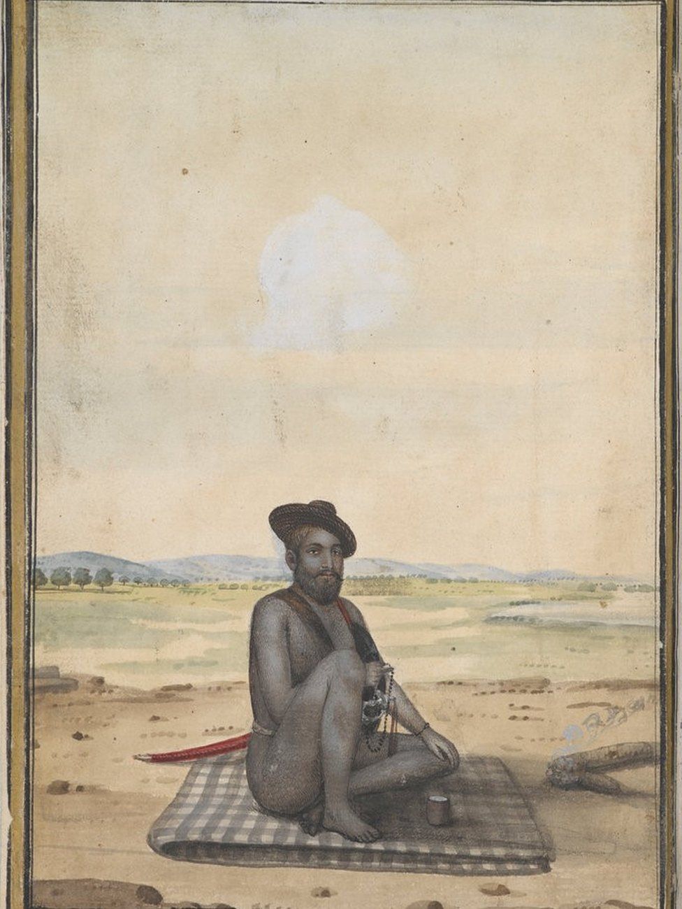 A member of the Naga sect. Members of this sect used to cover their bodies with mud. They carried weapons and even a simple argument among them would end up with a war in which many died. A painting from a nineteenth century manuscript of Fuqua'-i Hind, a text describing the different Hindu religious sects