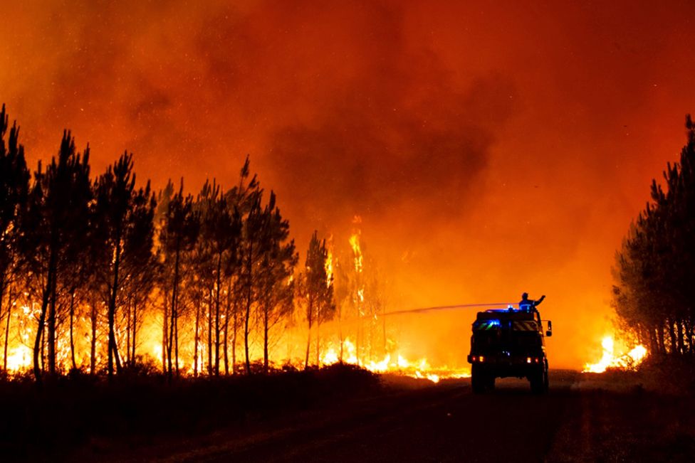 A handout photo made available by the communication department of the Gironde Fire brigade SDIS33 shows firemen fighting a forest fire in Belin-Beliet, in the Gironde region of southwestern France, 9 August 2022 - issued 10 August 2022.
