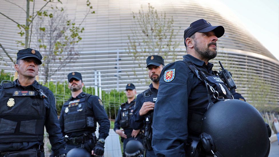 Police seen outside the Bernabeu stadium, Madrid, Spain, before a match on 9 April 2024