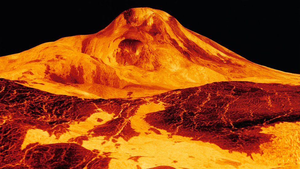 Lava flows from Maat Mons, a 5-mile-high volcano located on the planet Venus