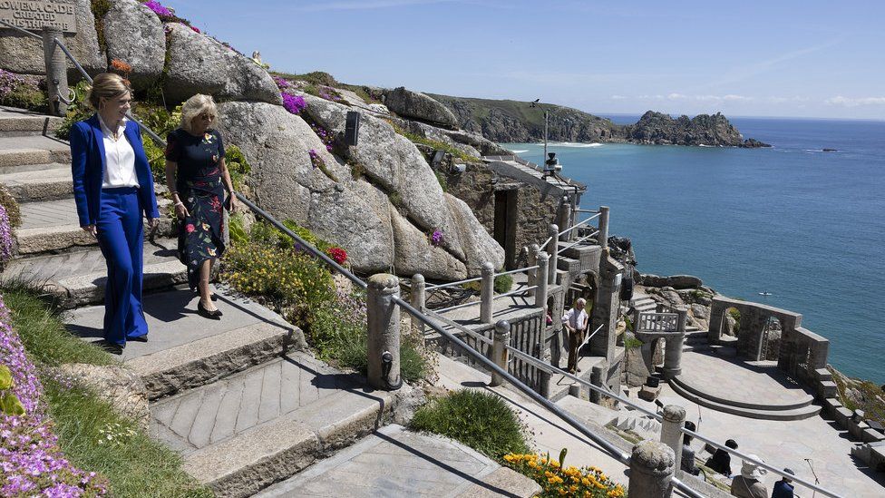 Prime Ministers wife Carrie Johnson walks with US First Lady Dr Jill Biden at the Minack Theatre