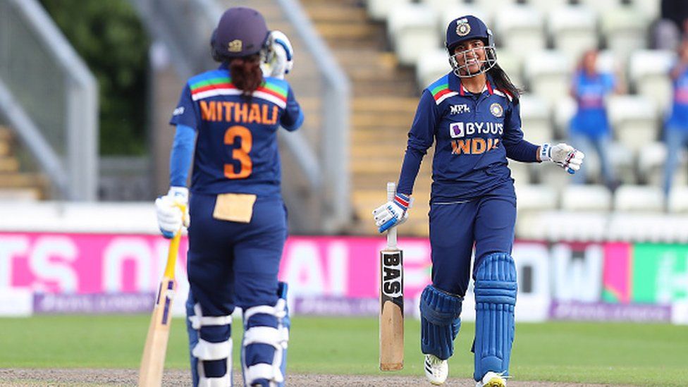 Sneh Rana and Mithali Raj of India during the Women's Third One Day International (ODI) match between England and India at New Road on July 03, 2021 in Worcester, England