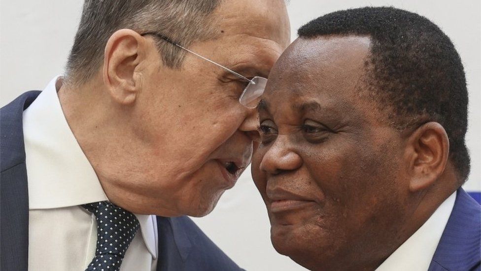 A handout photo made available by the press service of the Russian Foreign Affairs Ministry shows Russian Foreign Minister Sergei Lavrov (L) and Jean-Claude Gakosso, Minister of Foreign Affairs of the Republic of Congo (R) attend a joint press conference in the town of Oyo, Congo, 25 July 2022