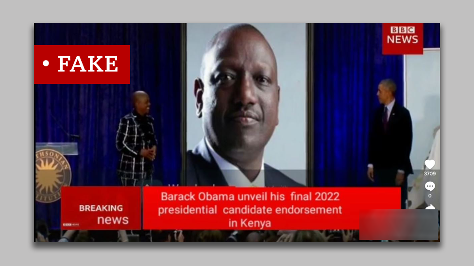 Screenshot of TikTok video falsely claiming Obama endorsed Mr Ruto
