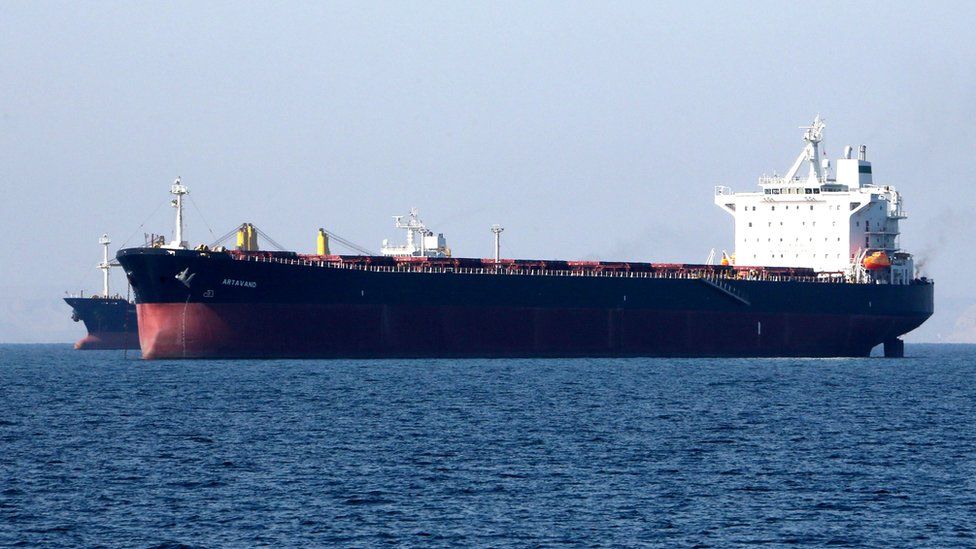 An oil tanker in the Strait of Hormuz, near the Iranian port of Bandar Abbas (30 April 2019)