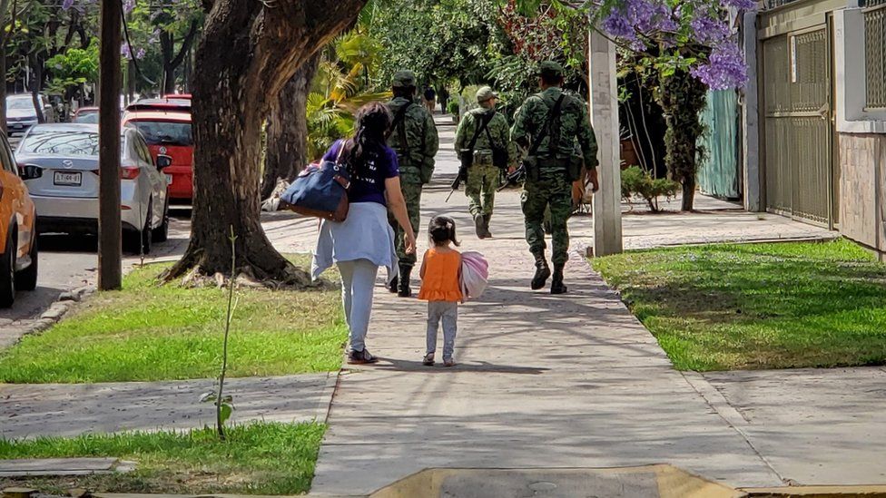 Soldiers on patrol in suburban Guadalajara