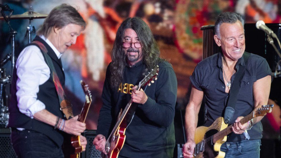 Paul McCartney performs with Bruce Springsteen and Dave Grohl as he headlines the Pyramid Stage during day four of Glastonbury Festival at Worthy Farm