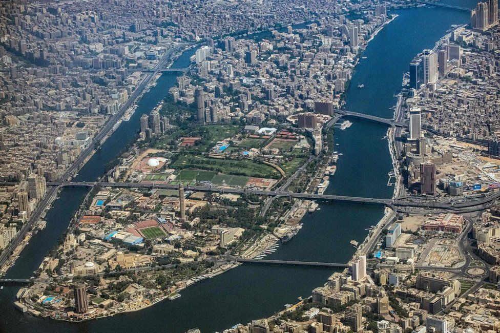 Aerial view showing the island of Zamalek, surrounded by the River Nile, in central Cairo, Egypt (6 May 2022)