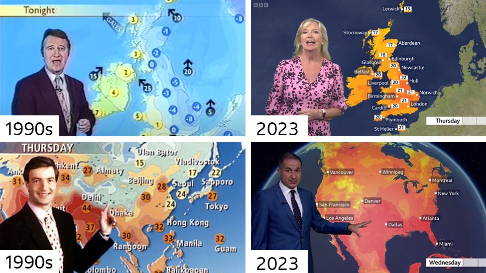 Four images of BBC Weather presenters in front of temperature contour maps: Peter Cockroft and David Braine in the 1990s, and Carol Kirkwood and Stav Danaos in 2023