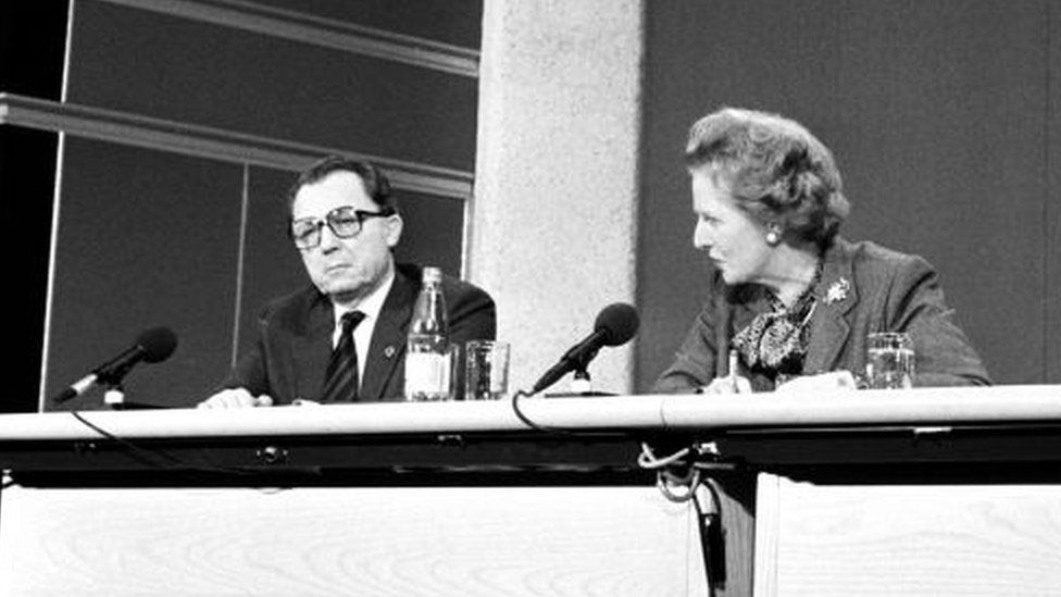 Sharing a platform with Margaret Thatcher in 1986