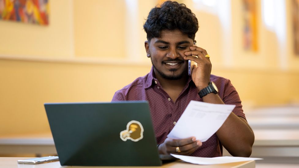 A student on the phone