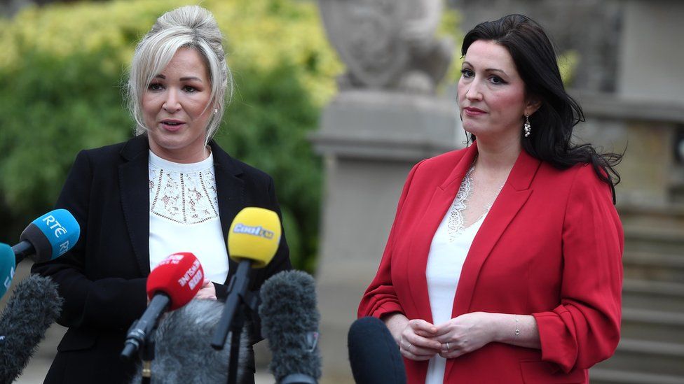 Michelle O'Neill and Emma Little-Pengelly speak at a press conference