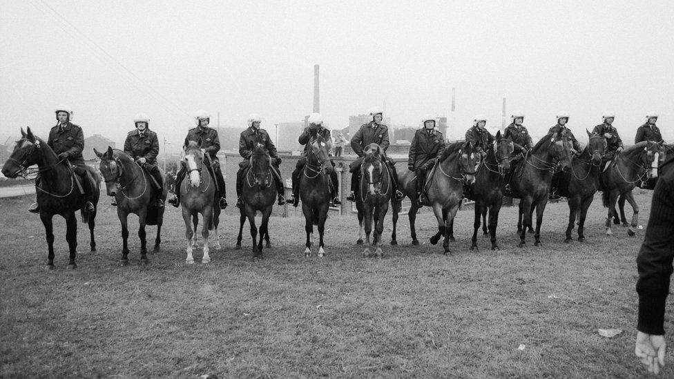 Police on horseback in a line