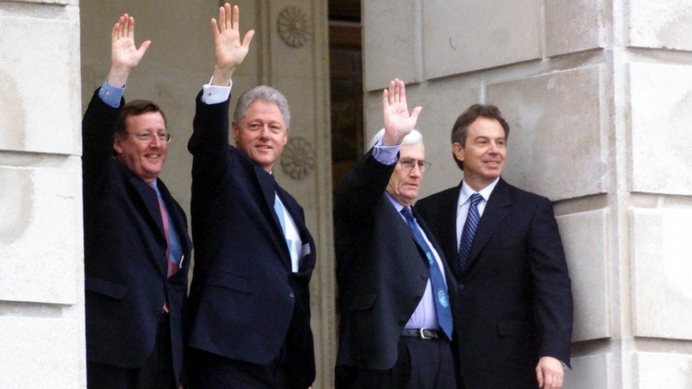 Lord Trimble pictured in 2000 with former US president Bill Clinton, as well as Seamus Mallon (SDLP) and ex-prime minister Tony Blair
