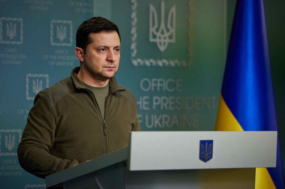 President Zelensky speaking at a press conference on Friday 25 February