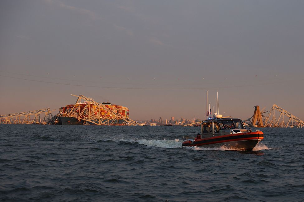 A view of the Dali cargo vessel which crashed into the Francis Scott Key Bridge causing it to collapse in Baltimore, Maryland, US, on 26 March 2024