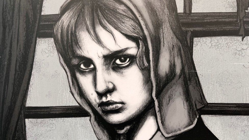 A black and white pencil drawing portraying one of the Islandmagee witches