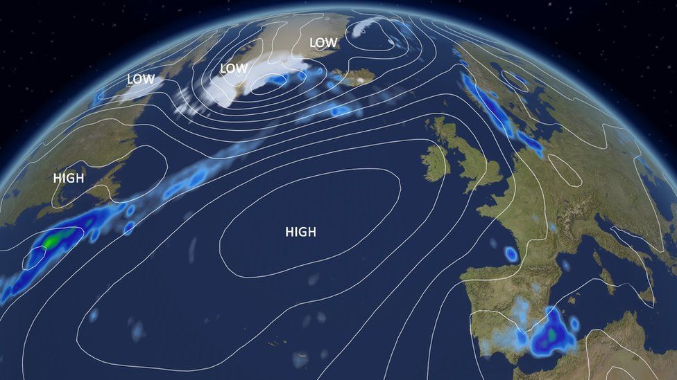 A weather chart showing high pressure centred in the Atlantic extending across the UK
