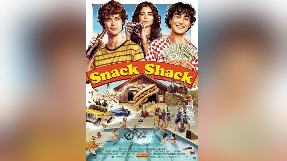A film poster showing the main characters and a pool