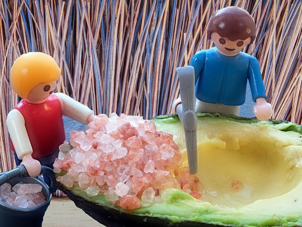 Playmobile figures and an avocado