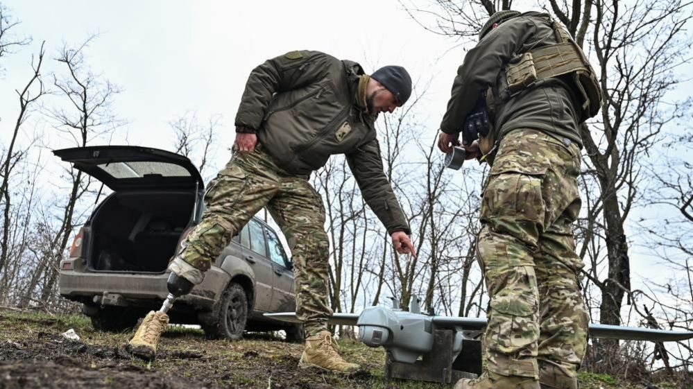 Ukrainian servicemen prepare a Leleka unmanned aerial vehicle (UAV) for flying at a front line, Zaporizhzhia region, 15 February 2024.