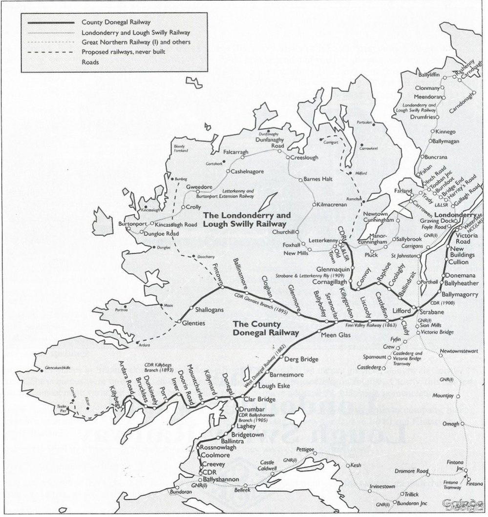 A map showing the County Donegal Railway and the Londonderry and Lough Swilly Railway in the early part of the 20th Century