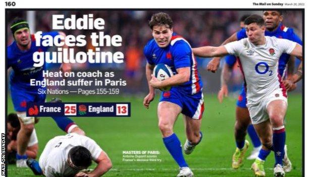 The Mail on Sunday's back page with a picture of France v England