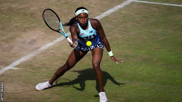 Coco Gauff plays a forehand volley in the Berlin Open
