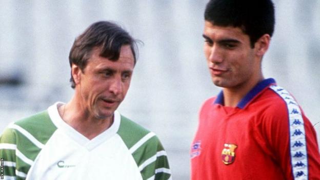 Johan Cruyff and Pep Guardiola during a Barcelona training session in Guardiola's playing career