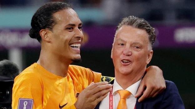 Netherlands captain Virgil van Dijk and Louis van Gaal celebrate the World Cup last-16 victory over USA on Saturday