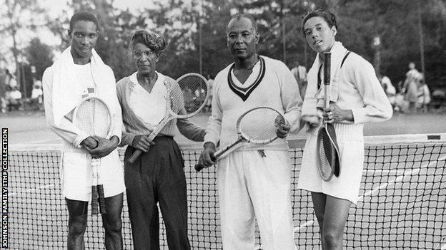 Ora Washington and Althea Gibson pose in a group photo from 1947, contesting the mixed doubles at the ATA championships