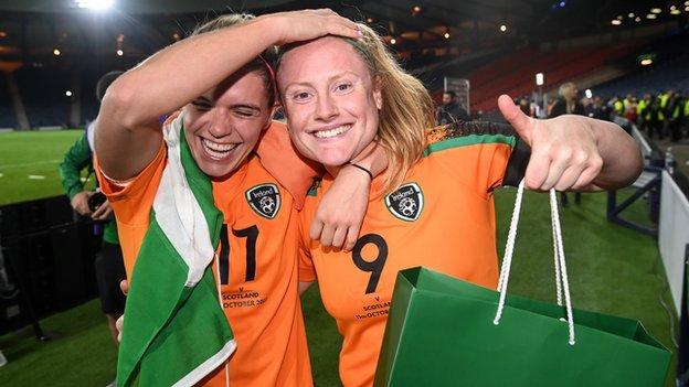 Jamie Finn, left, and Amber Barrett of Republic of Ireland celebrate