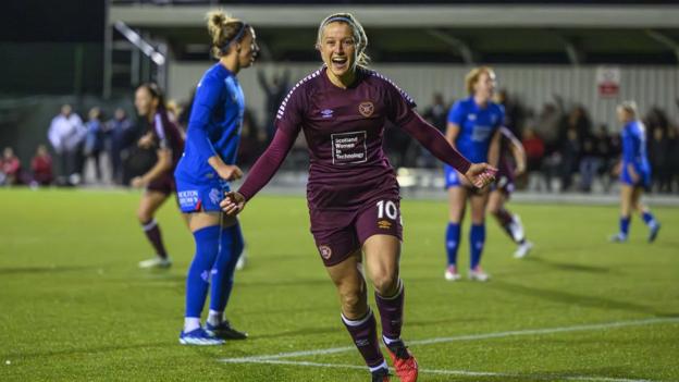 Katie Lockwood celebrates scoring for Hearts against Rangers