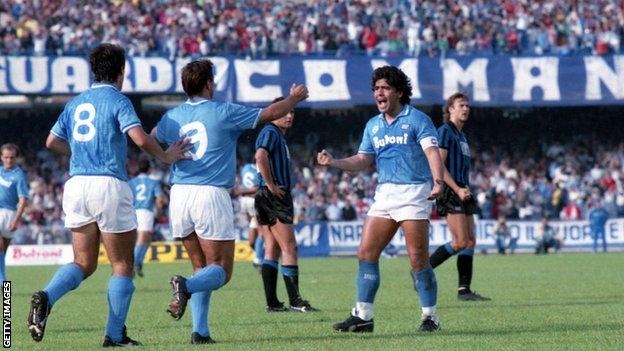 Diego Maradona celebrates scoring for Napoli in 1986