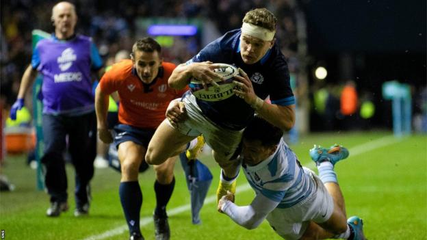 Darcy Graham scores a try for Scotland against Argentina