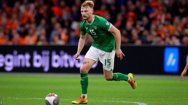 Liam Scales in action for the Republic of Ireland against the Netherlands in November