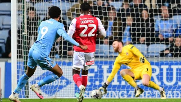 GOAL Coventry City forward Ellis Simms (9) scores a goal from open play 3-0 during the EFL Sky Bet Championship match between Coventry City and Rotherham United at the Coventry Building Society Arena, Coventry
