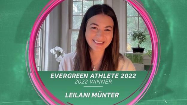 Image of Leilani Munter smiling,framed by the BBC Green Sport Awards graphic with her name under the image and the words Evergreen Athlete 2022