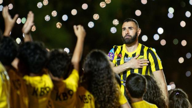 Karim Benzema is presented to Al-Ittihad fans after joining on a three-year contract