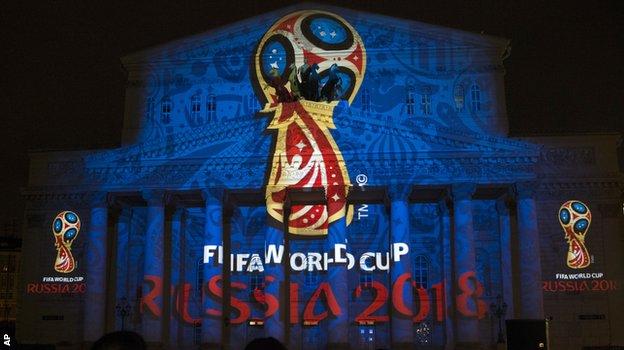 The official logo for the 2018 World Cup is shown off on the facade of the Bolshoi Theatre in Moscow