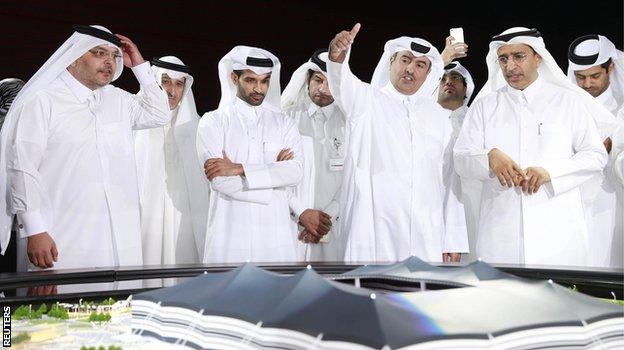 Hassan Al-Thawadi (third left) speaks during a news conference to announce the start of work on the Al-Khor Stadium in Al-Khor