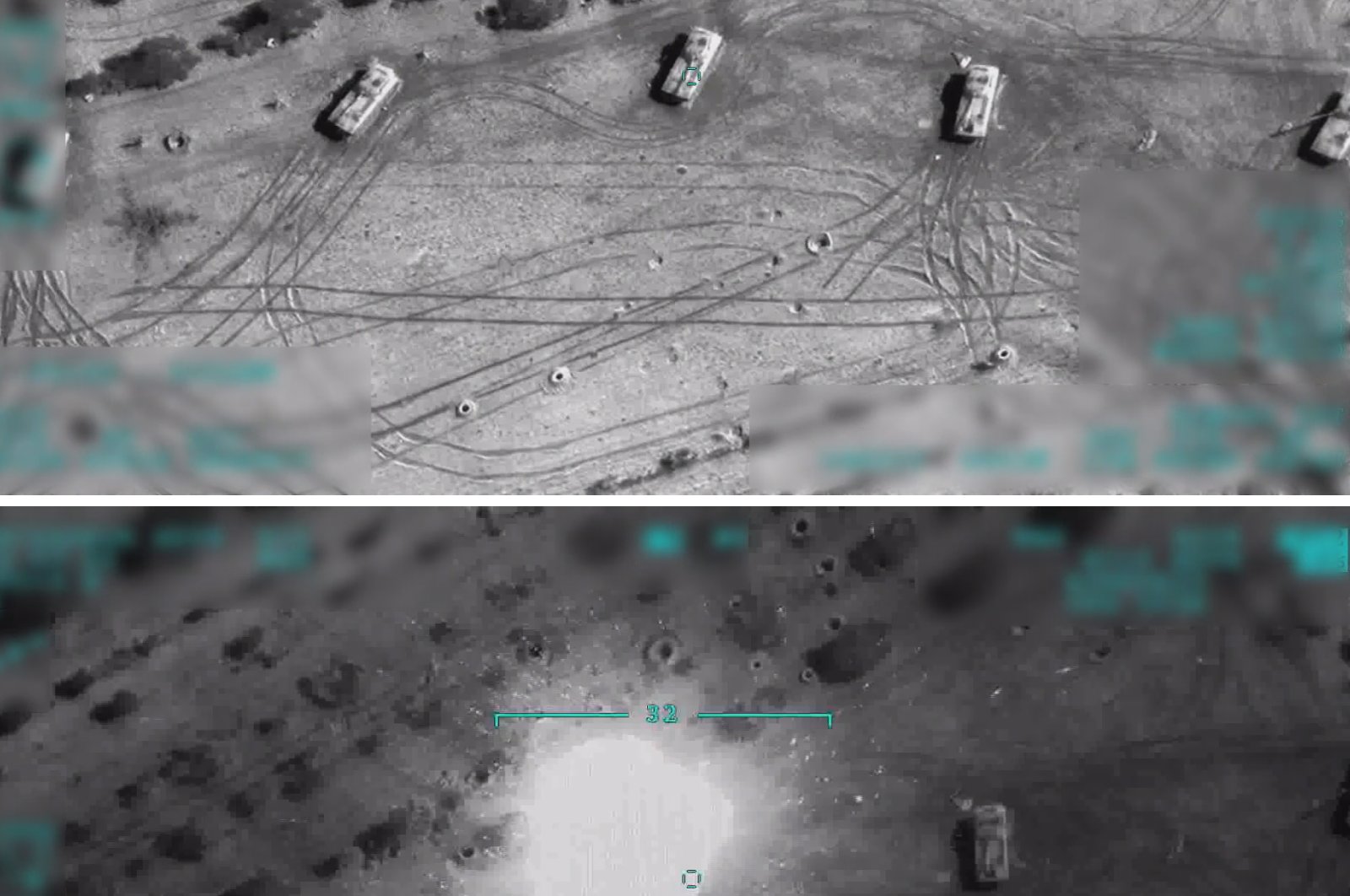 Screengrabs of a video released by the Defense Ministry shows the moment of a Turkish drone strike on Syrian regime positions, Feb. 28, 2020. (AA Photo)