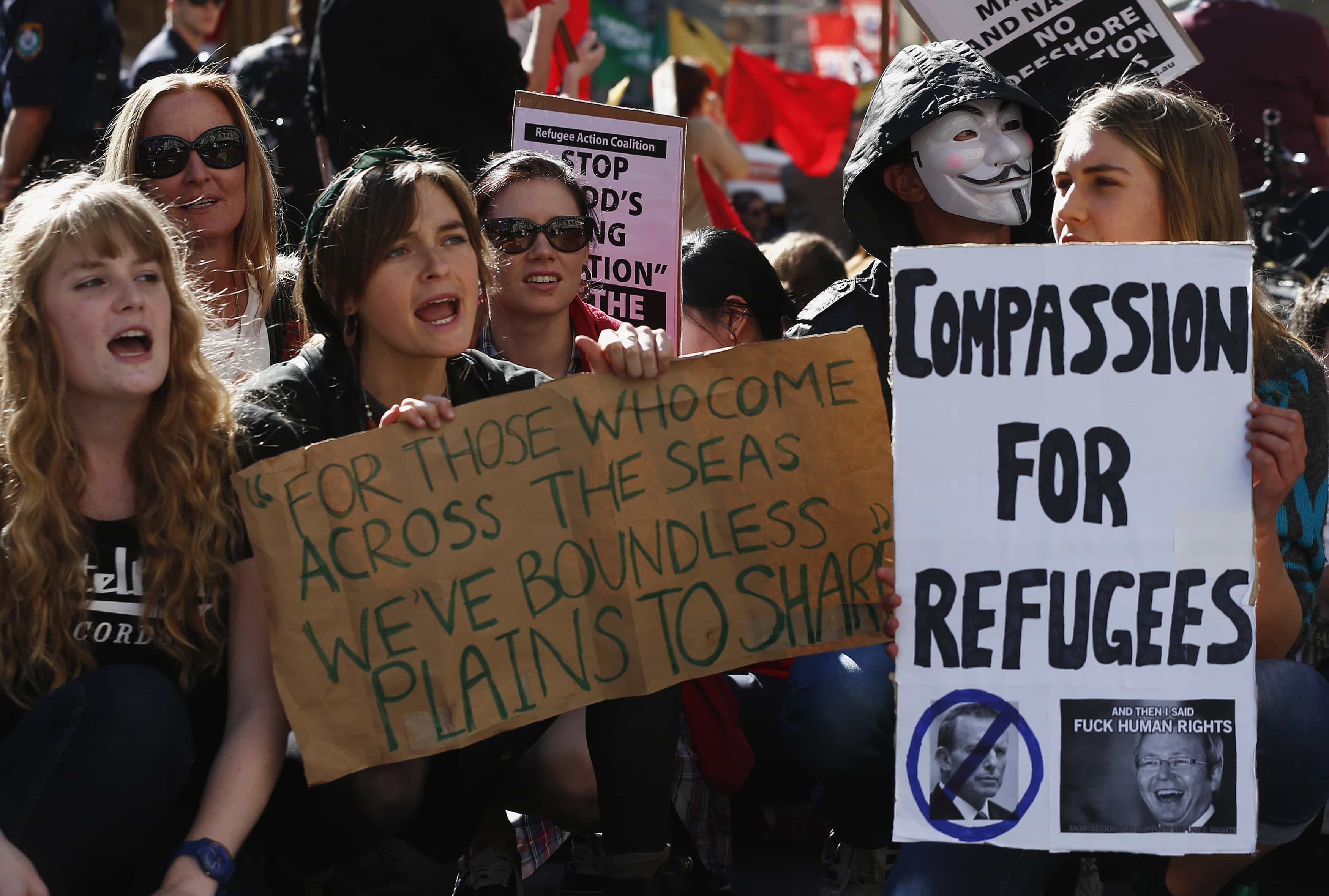 A rally in support of asylum seekers in Sydney, Australia, 10 August 2013; in 2013 Australian Prime Minister Kevin Rudd announced tough measures to deter asylum seekers, saying anyone who arrived by boat would be sent to Papua New Guinea or Nauru for processing and resettlement, REUTERS/Daniel Munoz
