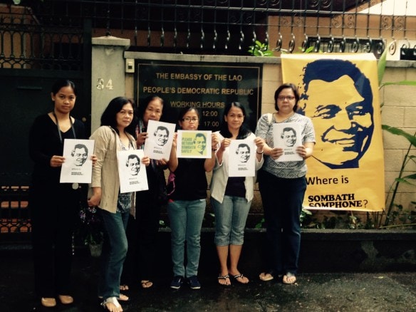 Focus on the Global South-Philippines and Stop the War Coalition-Philippines hold a 'lightning rally' in front of the Lao PDR Embassy in Magallanes, Makati to mark the 2nd year since Sombath Somphone was forcibly disappeared, http://sombath.org/