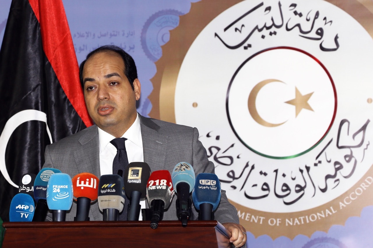 Ahmed Maiteeq, deputy head of Libya's Government of National Accord (GNA), speaks during a press conference in the capital Tripoli, 26 June 2018, MAHMUD TURKIA/AFP/Getty Images