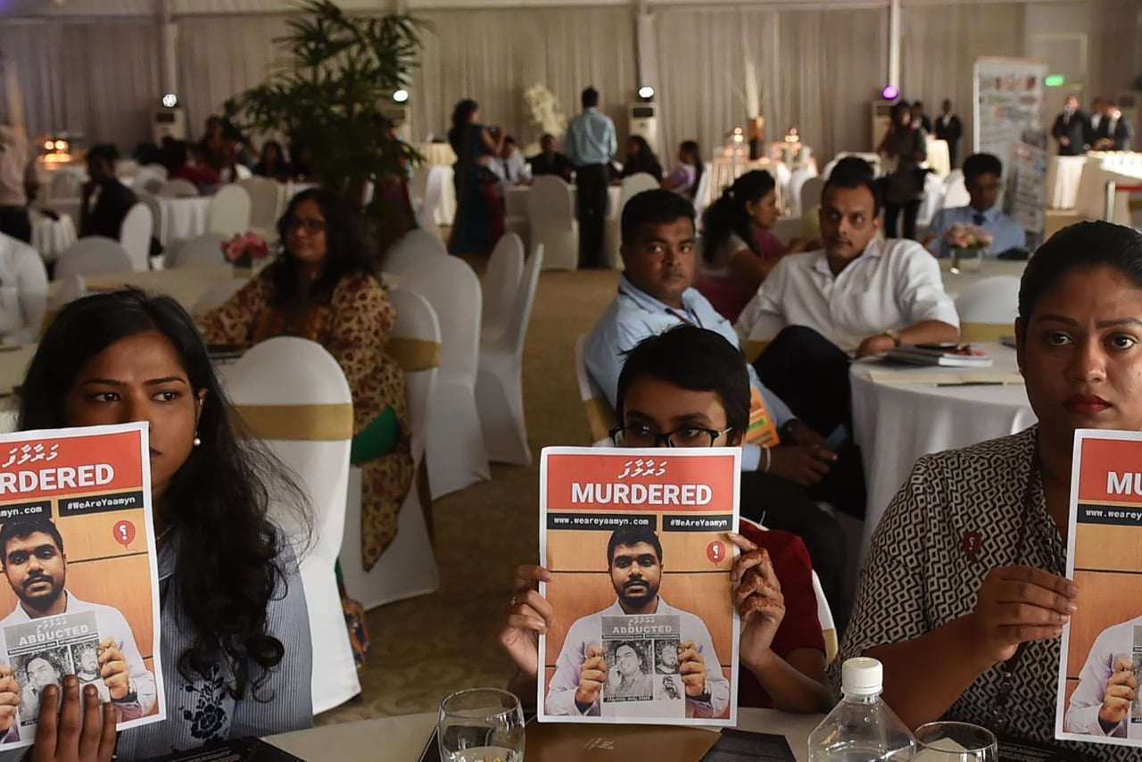 Maldives journalists protest the murder of blogger Yameen Rasheed at the opening of a regional seminar on the safety of journalists in Colombo, Sri Lanka, 4 December 2017, ISHARA S. KODIKARA/AFP/Getty Images