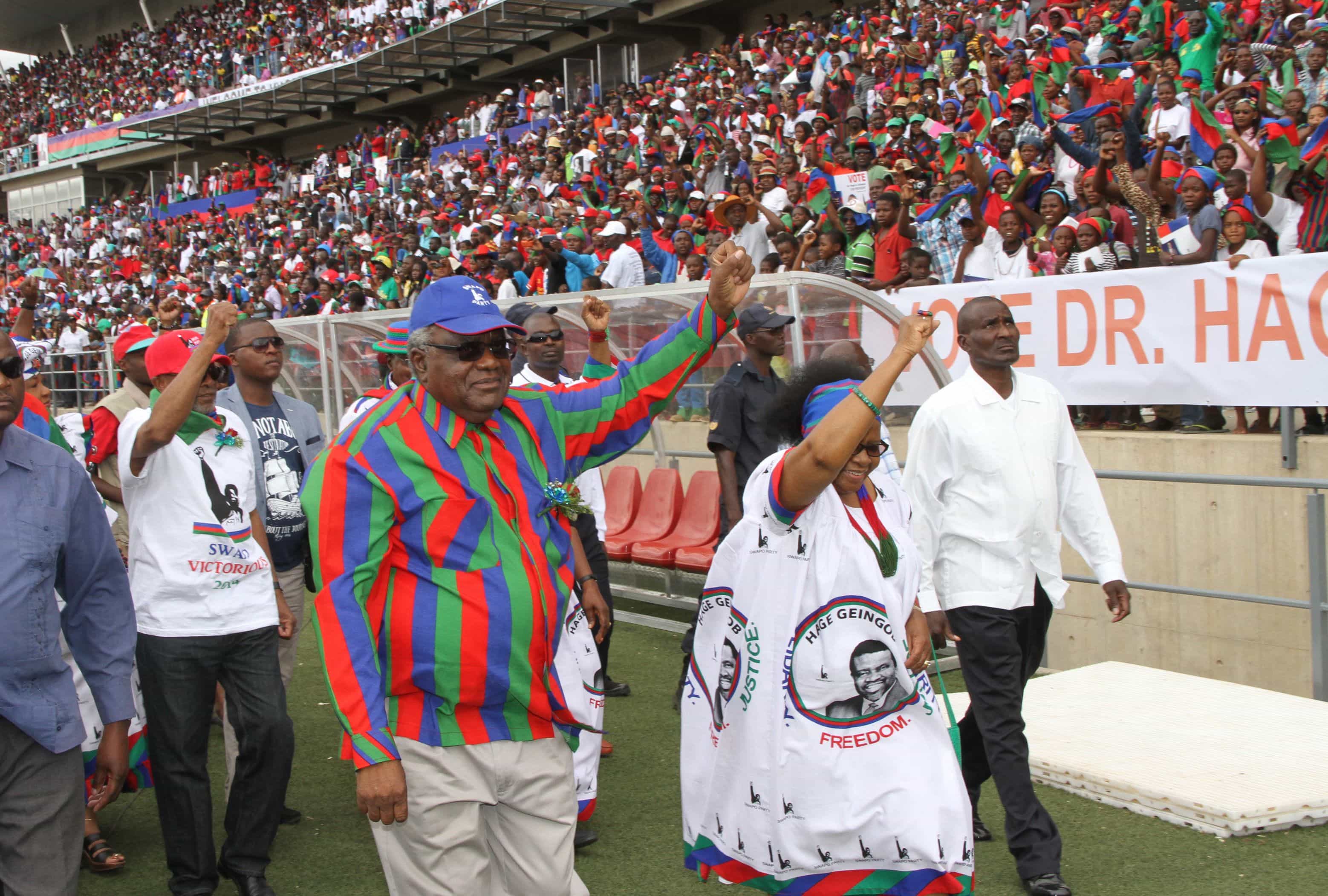 Namibian president Hifikepunye Pohamba and First lady Penehupifo Pohamba arrive at the Sam Nujoma Stadium in Windhoek, Namibia for an election rally, 22 November 2014, AP Photo/Joseph Nekaya, Namibian Press Association